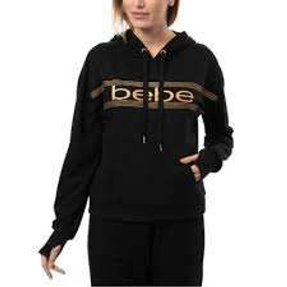 Bebe Sport Womens Black Rose Gold Logo Cropped Hoodie Thumbhole Sweatshirt SZ M